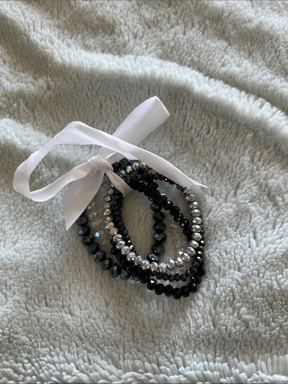 Crystal Bead Stretch Bracelet Set - Black & Silver